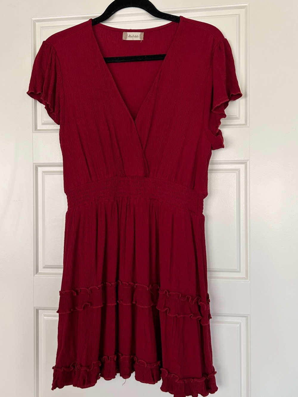 Altar’d State Red Short Sleeve V-Neck Ruffle Dress